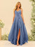 A-Line/Princess Spaghetti Straps V-Neck Long Bridesmaid Dresses with Split Side & Ruffles