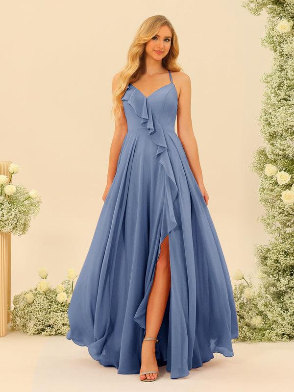 A-Line/Princess Spaghetti Straps V-Neck Long Bridesmaid Dresses with Split Side & Ruffles