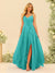 A-Line/Princess Spaghetti Straps V-Neck Long Bridesmaid Dresses with Split Side & Ruffles