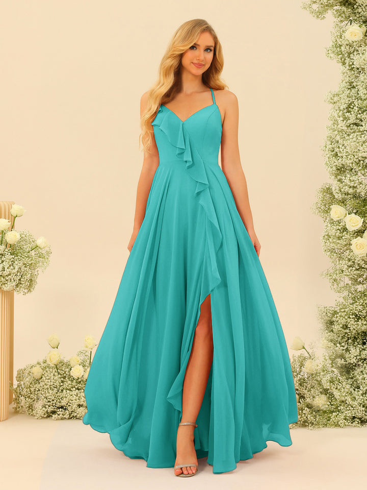A-Line/Princess Spaghetti Straps V-Neck Long Bridesmaid Dresses with Split Side &amp; Ruffles