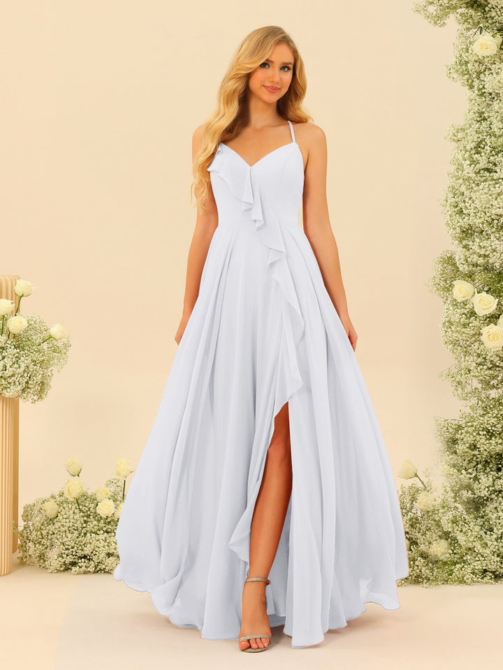 A-Line/Princess Spaghetti Straps V-Neck Long Bridesmaid Dresses with Split Side &amp; Ruffles