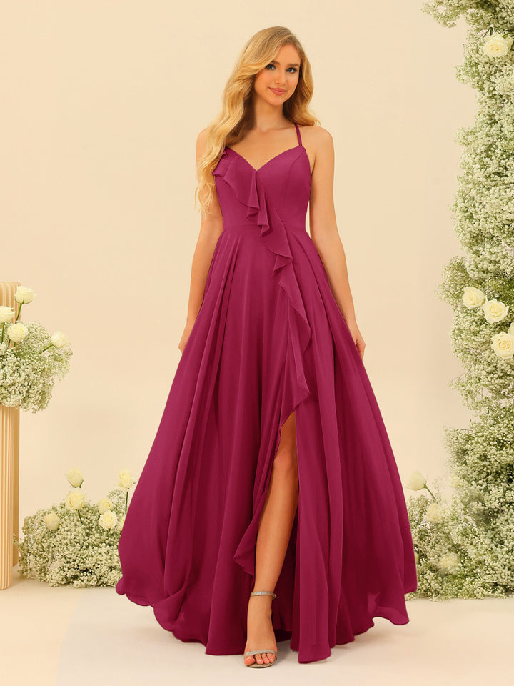 A-Line/Princess Spaghetti Straps V-Neck Long Bridesmaid Dresses with Split Side &amp; Ruffles