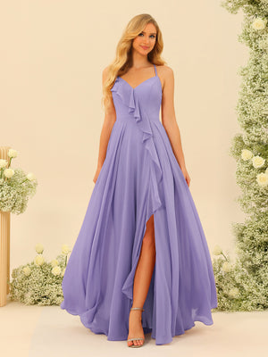 A-Line/Princess Spaghetti Straps V-Neck Long Bridesmaid Dresses with Split Side & Ruffles
