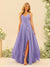 A-Line/Princess Spaghetti Straps V-Neck Long Bridesmaid Dresses with Split Side & Ruffles