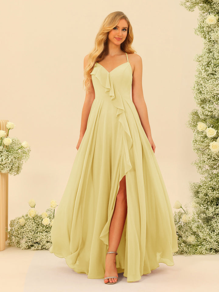 A-Line/Princess Spaghetti Straps V-Neck Long Bridesmaid Dresses with Split Side &amp; Ruffles