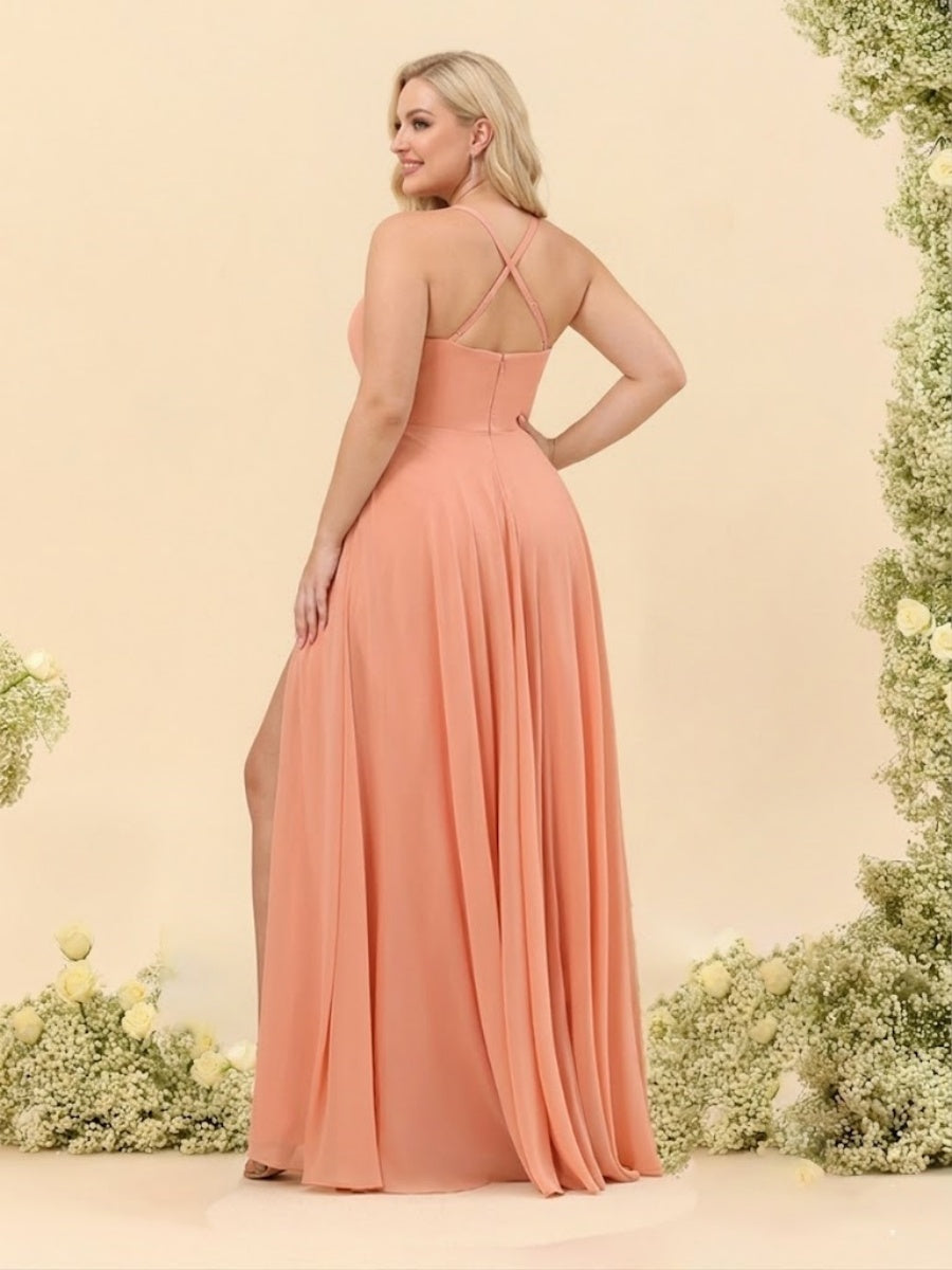 A-Line/Princess Spaghetti Straps V-Neck Long Plus Size Bridesmaid Dresses with Split Side &amp; Ruffles