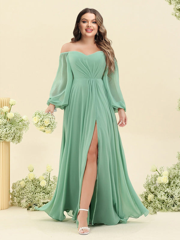 A-Line/Princess Sweetheart Floor-Length Long Plus Size Bridesmaid Dresses with Split Side & Ruffles