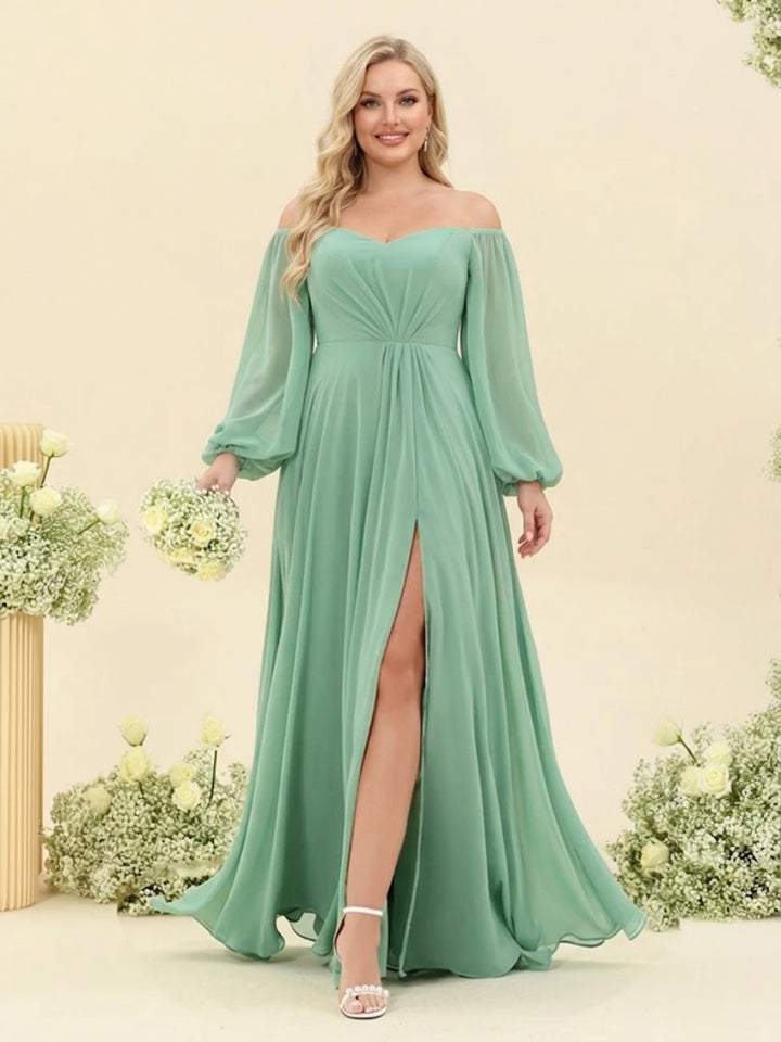 A-Line/Princess Sweetheart Floor-Length Long Plus Size Bridesmaid Dresses with Split Side &amp; Ruffles
