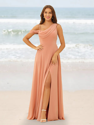 A-Line/Princess Cowl Neck Floor-Length Chiffon Long Bridesmaid Dresses with Split Side