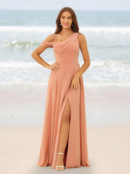 A-Line/Princess Cowl Neck Floor-Length Chiffon Long Bridesmaid Dresses with Split Side
