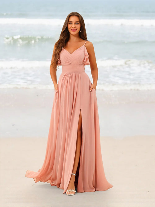 A-Line/Princess Spaghetti Straps Floor-Length Ruched Long Bridesmaid Dresses with Split Side