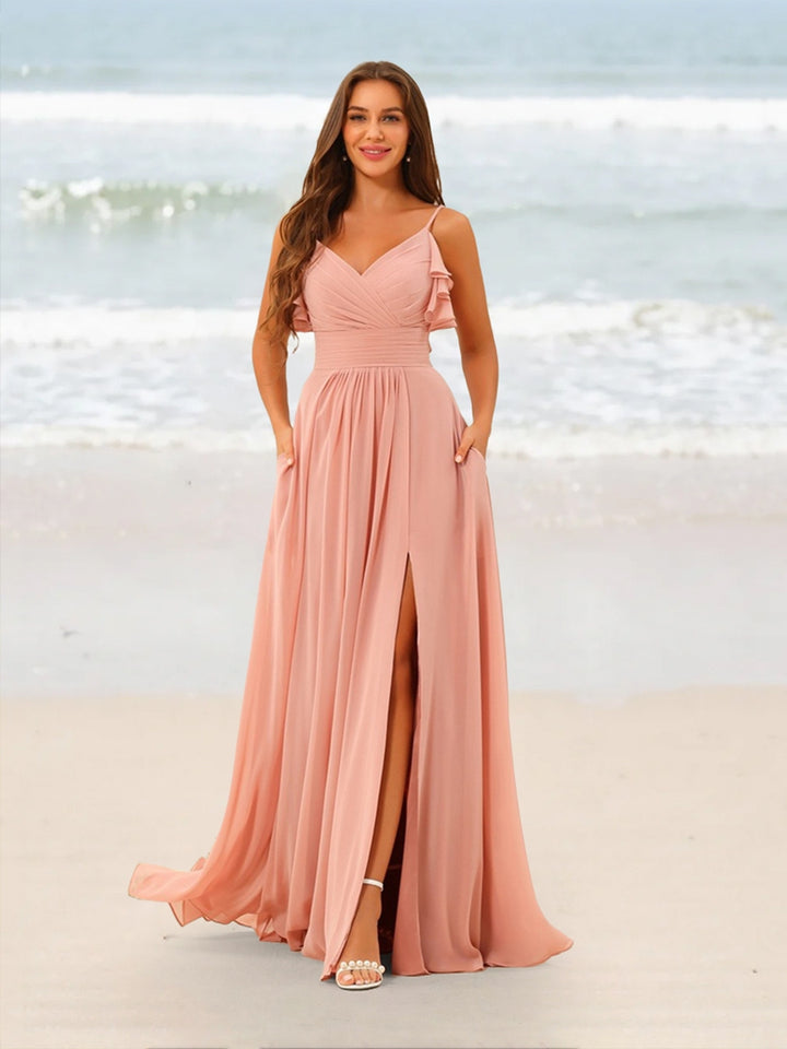 A-Line/Princess Spaghetti Straps Floor-Length Ruched Long Bridesmaid Dresses with Split Side