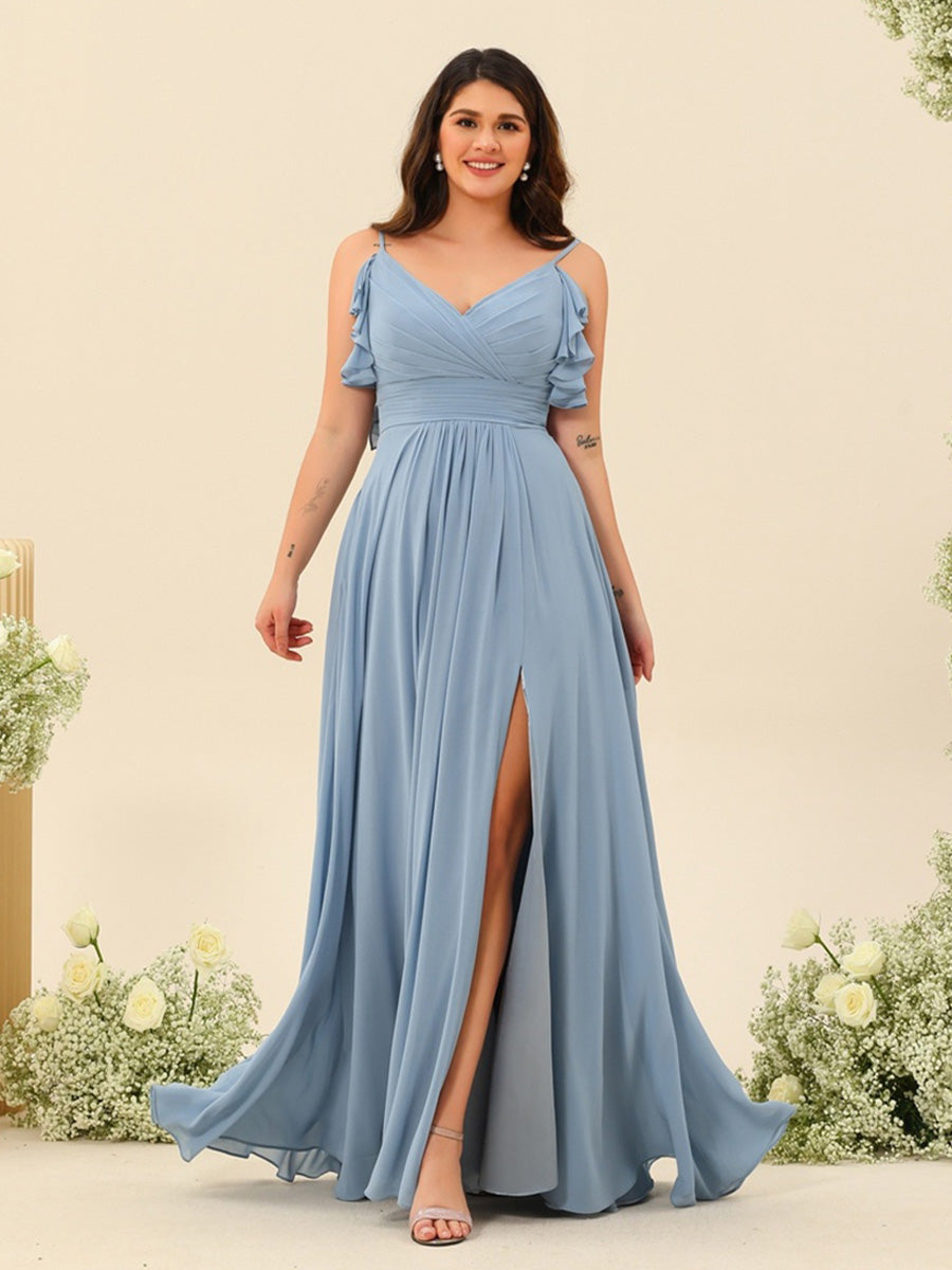 A-Line/Princess Spaghetti Straps Plus Size Ruched Long Bridesmaid Dresses with Split Side
