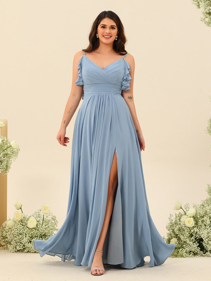 A-Line/Princess Spaghetti Straps Plus Size Ruched Long Bridesmaid Dresses with Split Side