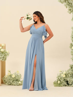 A-Line/Princess Spaghetti Straps Plus Size Ruched Long Bridesmaid Dresses with Split Side