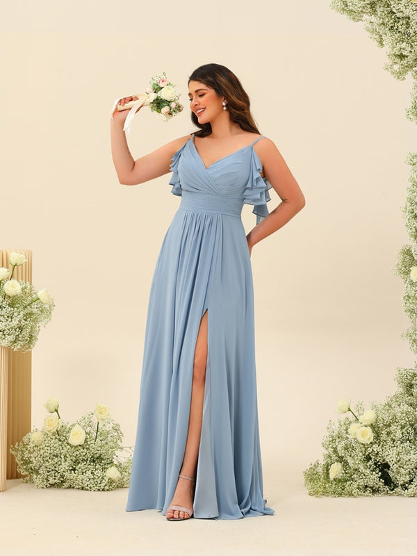 A-Line/Princess Spaghetti Straps Plus Size Ruched Long Bridesmaid Dresses with Split Side
