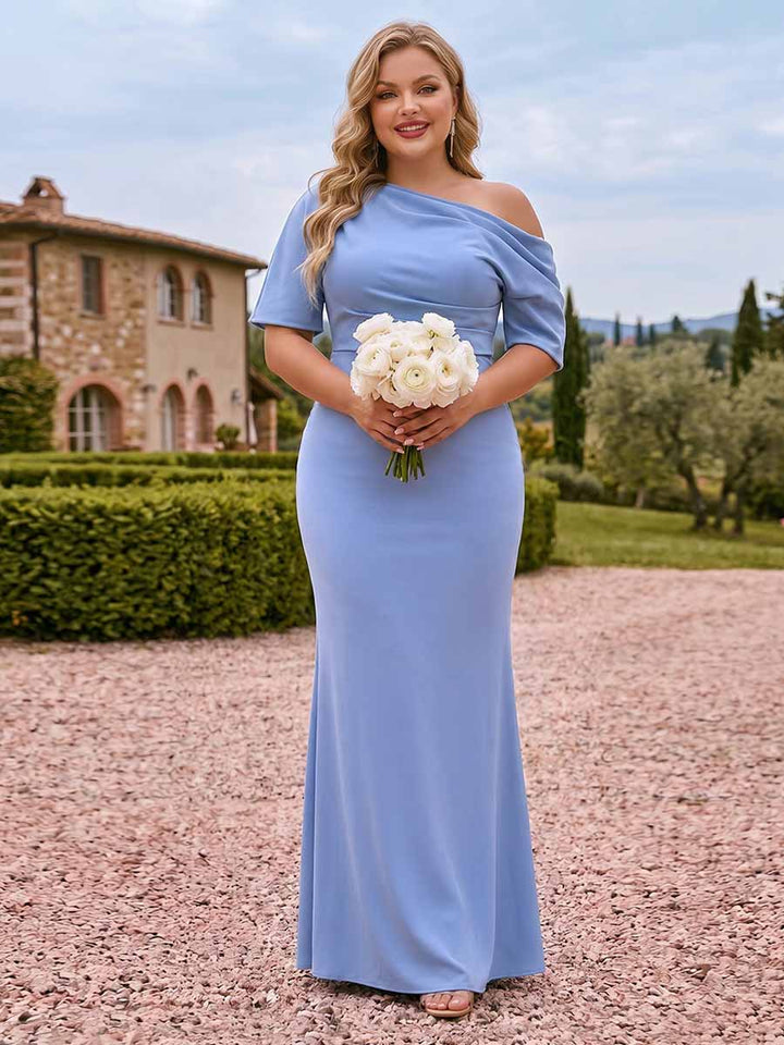 Sheath/Column One-Shoulder Short Sleeves Satin Ruched Long Plus Size Bridesmaid Dresses