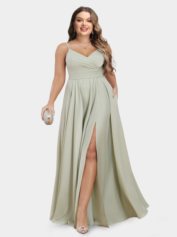 A-Line/Princess Spaghetti Straps Sleeveless Plus Size Bridesmaid Dresses with Ruched