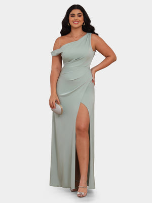 Sheath/Column One-Shoulder Short Sleeves Bridesmaid Dresses with Split Side