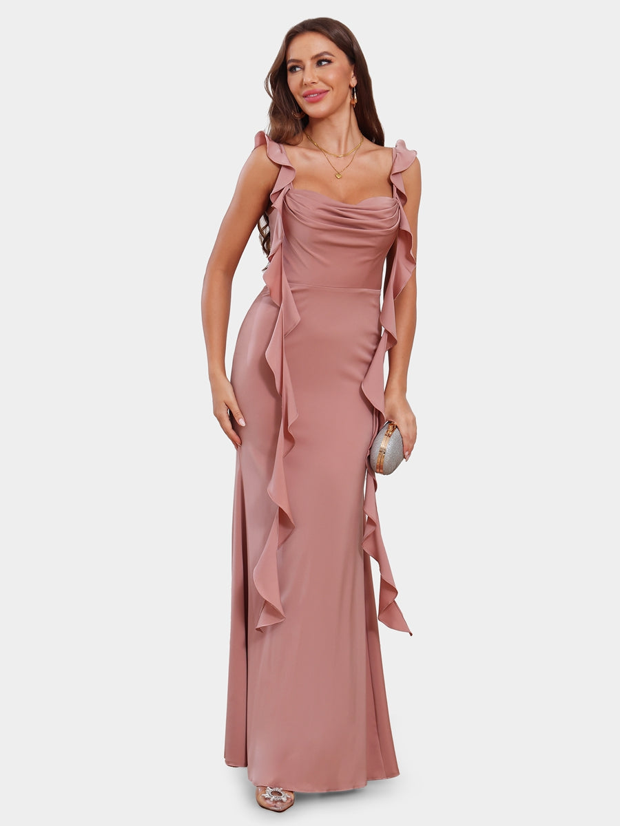 Sheath/Column Scoop Sleeveless Bridesmaid Dresses with Watteau Train