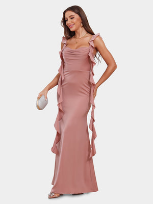 Sheath/Column Scoop Sleeveless Bridesmaid Dresses with Watteau Train