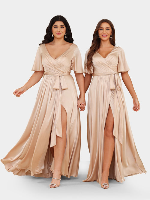 A-Line/Princess V-Neck Short Sleeves Bridesmaid Dresses with Belt
