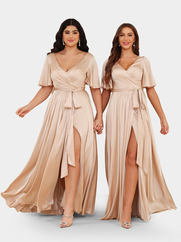 A-Line/Princess V-Neck Short Sleeves Bridesmaid Dresses with Belt