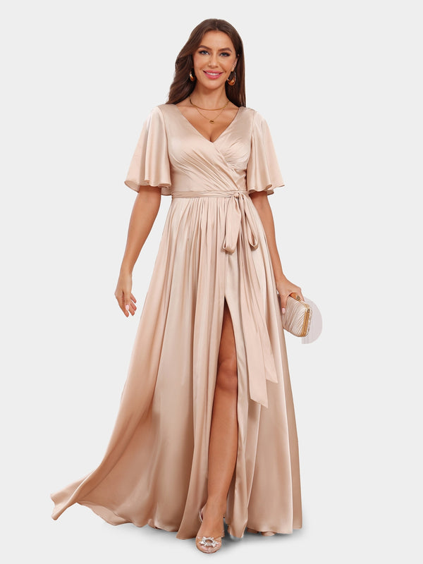 A-Line/Princess V-Neck Short Sleeves Bridesmaid Dresses with Belt