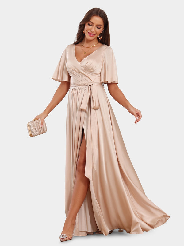 A-Line/Princess V-Neck Short Sleeves Bridesmaid Dresses with Belt