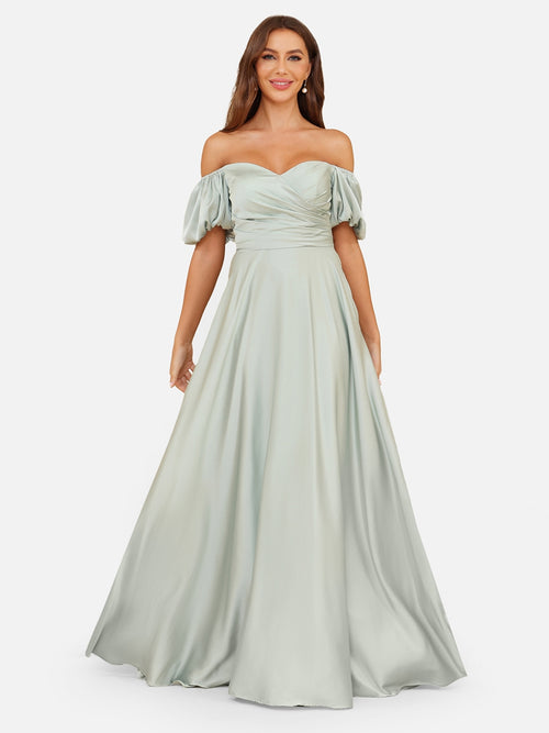 A-Line/Princess Off-the-Shoulder Puff Sleeves Bridesmaid Dresses with Ruched