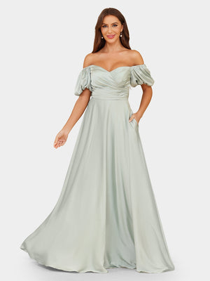 A-Line/Princess Off-the-Shoulder Puff Sleeves Bridesmaid Dresses with Ruched