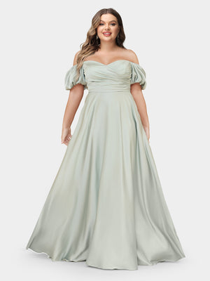 A-Line/Princess Off-the-Shoulder Puff Sleeves Plus Size Bridesmaid Dresses with Ruched