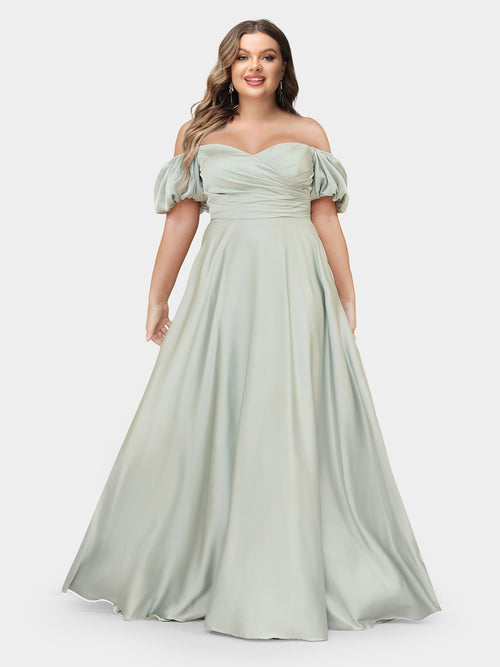 A-Line/Princess Off-the-Shoulder Puff Sleeves Plus Size Bridesmaid Dresses with Ruched