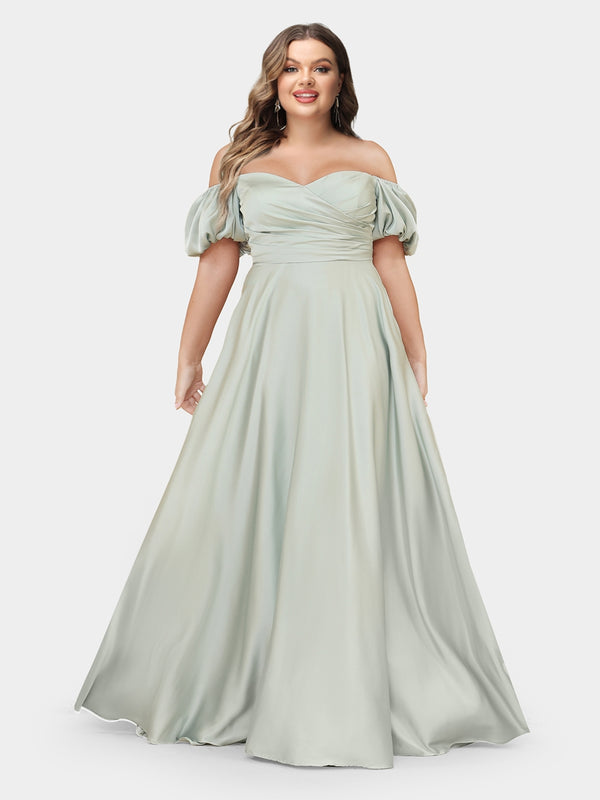 A-Line/Princess Off-the-Shoulder Puff Sleeves Plus Size Bridesmaid Dresses with Ruched
