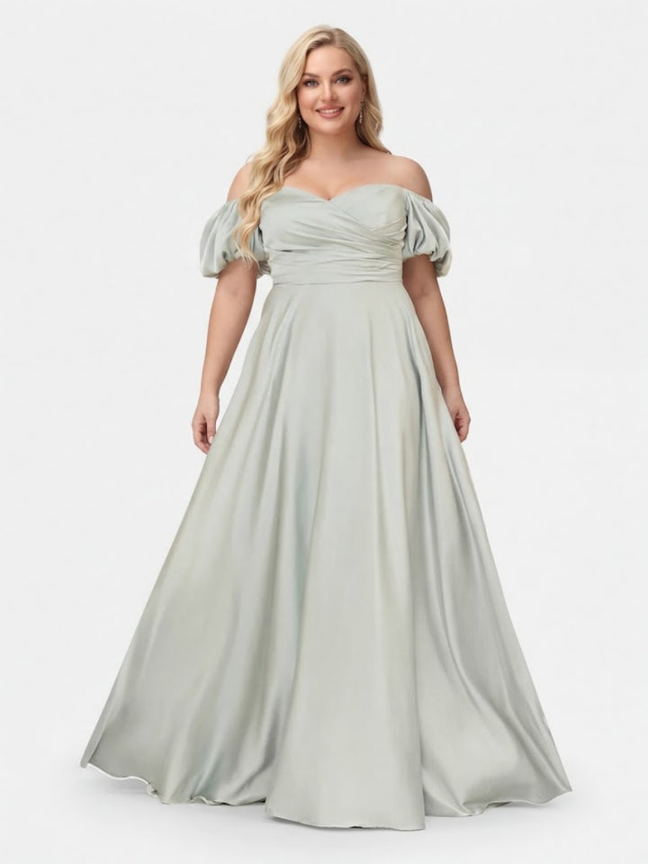 A-Line/Princess Off-the-Shoulder Puff Sleeves Plus Size Bridesmaid Dresses with Ruched