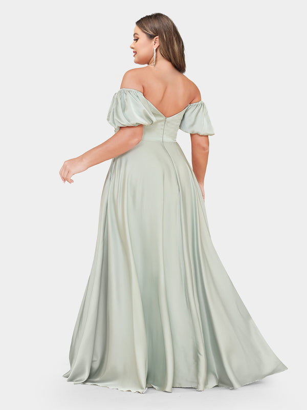 A-Line/Princess Off-the-Shoulder Puff Sleeves Plus Size Bridesmaid Dresses with Ruched