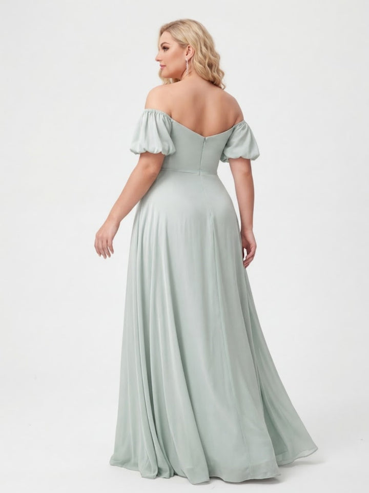 A-Line/Princess Off-the-Shoulder Puff Sleeves Plus Size Bridesmaid Dresses with Ruched