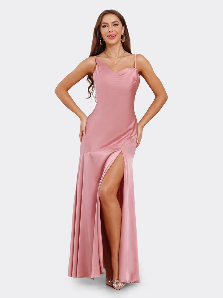 Sheath/Column Spaghetti Straps Sleeveless Bridesmaid Dresses with Split Side