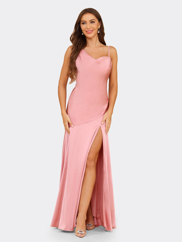Sheath/Column Spaghetti Straps Sleeveless Bridesmaid Dresses with Split Side