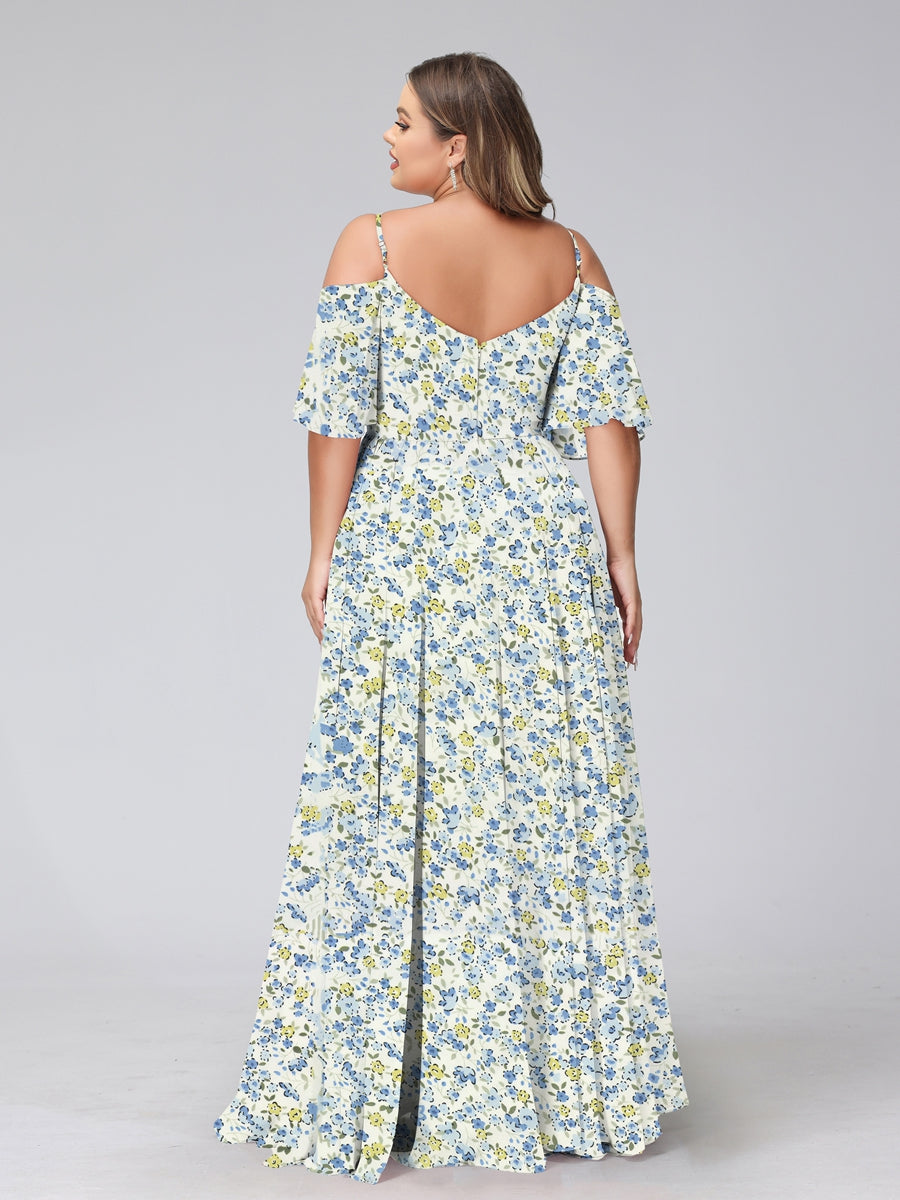 A-Line/Princess Cold Shoulder Short Sleeves Ruched Plus Size Floral Bridesmaid Dresses