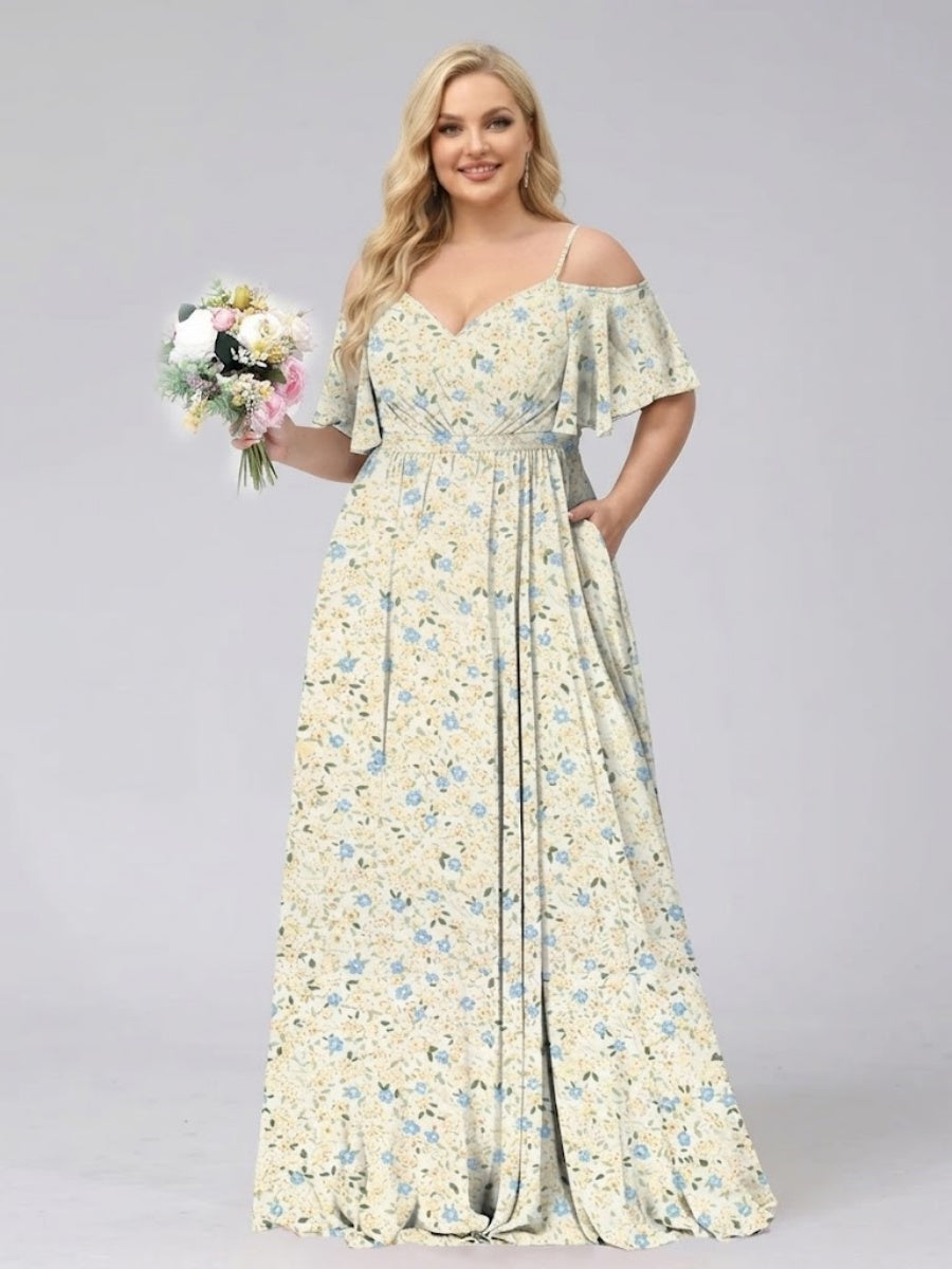 A-Line/Princess Cold Shoulder Short Sleeves Ruched Plus Size Floral Bridesmaid Dresses