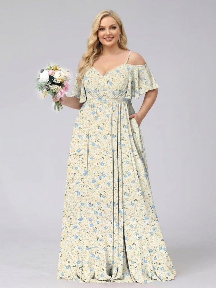A-Line/Princess Cold Shoulder Short Sleeves Ruched Plus Size Floral Bridesmaid Dresses