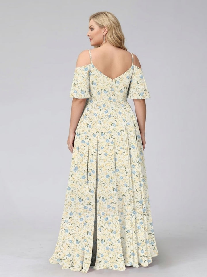 A-Line/Princess Cold Shoulder Short Sleeves Ruched Plus Size Floral Bridesmaid Dresses