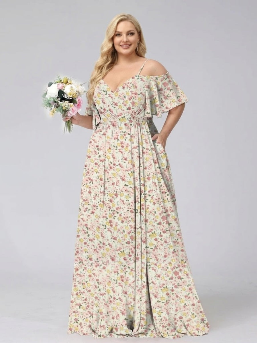 A-Line/Princess Cold Shoulder Short Sleeves Ruched Plus Size Floral Bridesmaid Dresses