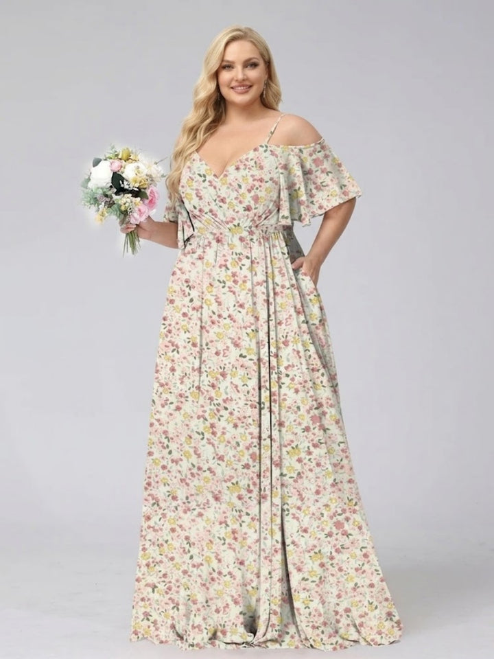 A-Line/Princess Cold Shoulder Short Sleeves Ruched Plus Size Floral Bridesmaid Dresses
