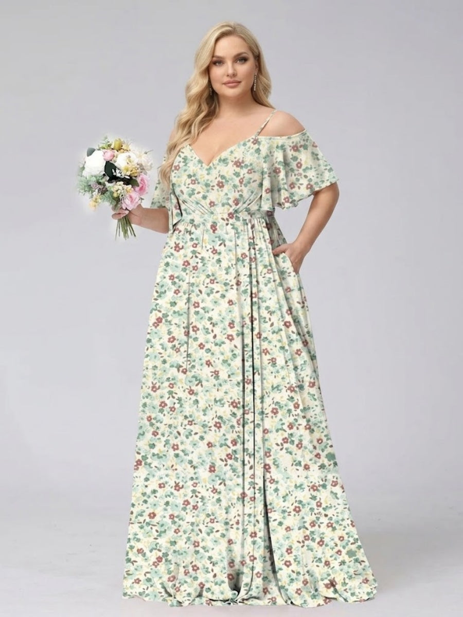 A-Line/Princess Cold Shoulder Short Sleeves Ruched Plus Size Floral Bridesmaid Dresses
