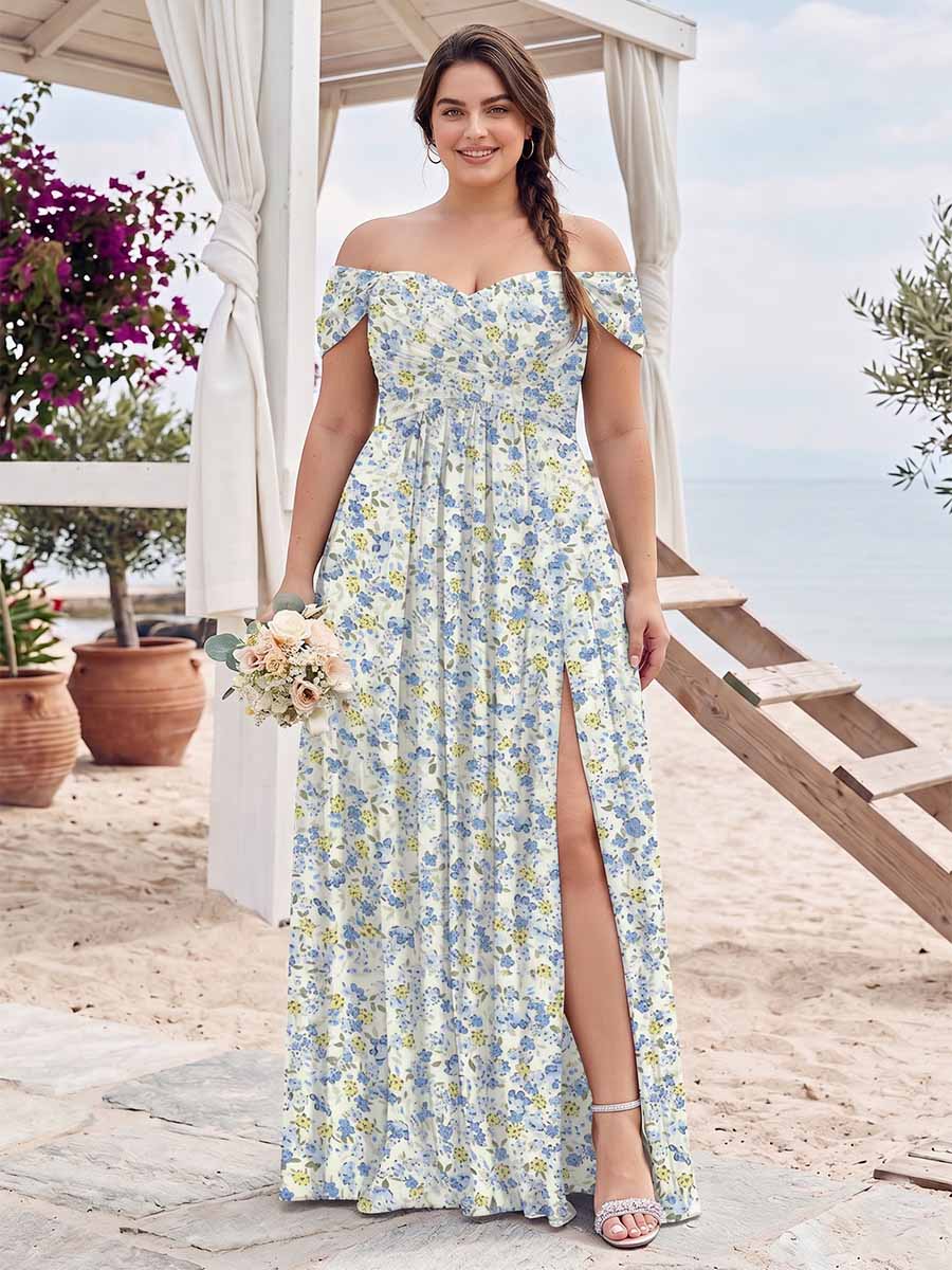 A-Line/Princess Off-the-Shoulder Short Sleeves Split Side Plus Size Floral Bridesmaid Dresses