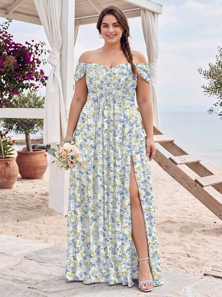 A-Line/Princess Off-the-Shoulder Short Sleeves Split Side Plus Size Floral Bridesmaid Dresses