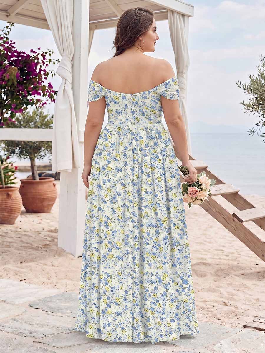 A-Line/Princess Off-the-Shoulder Short Sleeves Split Side Plus Size Floral Bridesmaid Dresses