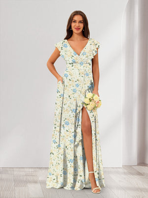 A-Line/Princess V-Neck Sleeveless Split Side Floral Bridesmaid Dresses